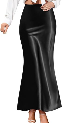 Maxi Skirts for Women Elegant Black Satin Skirt Midi Skirt Fall Skirts for Women High Waisted Long Skirts Work Skirts in Kuwait