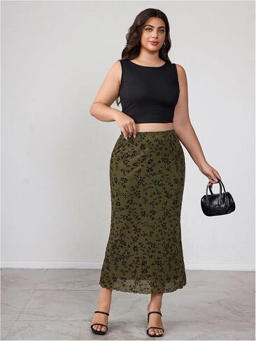تنورة Verdusa للسيدات مقاس كبير بخصر عالٍ وشبكة من الزهور على شكل ذيل السمكة، تنانير طويلة Y2k، ملابس قوطية in Kuwait