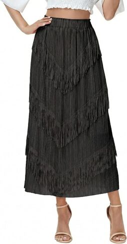 Elegant Long Fringe Skirt for Women,High Waist Boho Midi Maxi Skirt with Artistic Tassel Trim for Concert Office in Saudi Arabia