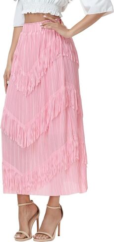 Elegant Long Fringe Skirt for Women,High Waist Boho Midi Maxi Skirt with Artistic Tassel Trim for Concert Office in Saudi Arabia