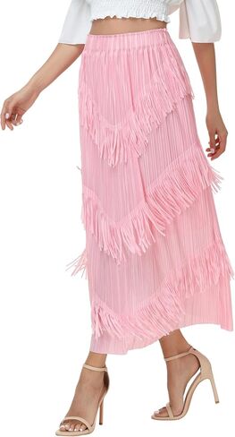 Elegant Long Fringe Skirt for Women,High Waist Boho Midi Maxi Skirt with Artistic Tassel Trim for Concert Office in Saudi Arabia