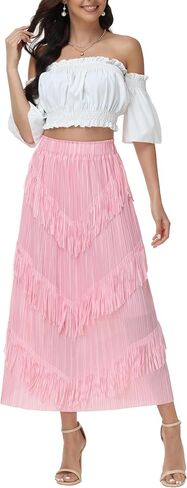 Elegant Long Fringe Skirt for Women,High Waist Boho Midi Maxi Skirt with Artistic Tassel Trim for Concert Office in Saudi Arabia