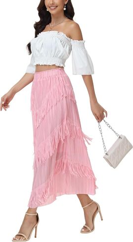 Elegant Long Fringe Skirt for Women,High Waist Boho Midi Maxi Skirt with Artistic Tassel Trim for Concert Office in Saudi Arabia