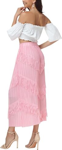 Elegant Long Fringe Skirt for Women,High Waist Boho Midi Maxi Skirt with Artistic Tassel Trim for Concert Office in Saudi Arabia