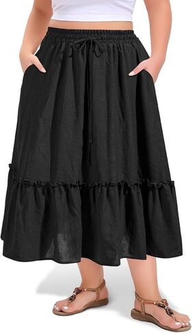 Women's Plus Size Midi Skirt Ruffle Flowy Casual Skirts for Women Midi Length Aline Floral Skirts with Pockets in Saudi Arabia