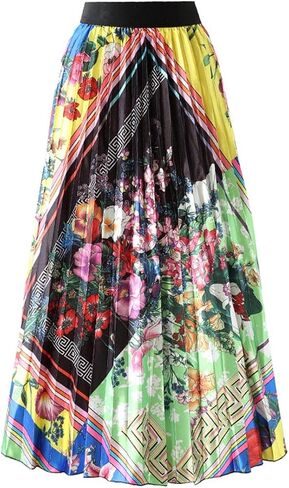 KUFV Women's Floral Graffiti Pleated Long Skirts Vintage Cartoon Printed Elastic Waist A-Line Swing Midi Skirt in Saudi Arabia