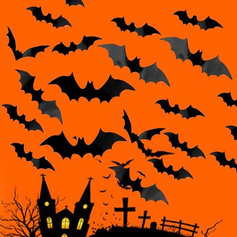 120 Pcs Bats Wall Decor, 3D Bat Halloween Decoration Stickers for Home Decor 4 Size Waterproof Black Spooky Bats for Room Decals Home Decor DIY Wall Decal Bathroom Indoor Party Supplies in Saudi Arabia