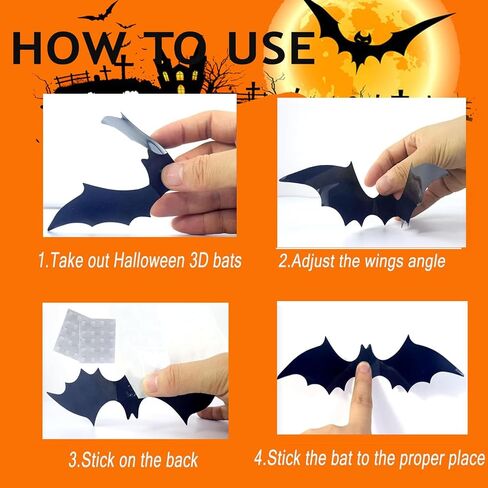 120 Pcs Bats Wall Decor, 3D Bat Halloween Decoration Stickers for Home Decor 4 Size Waterproof Black Spooky Bats for Room Decals Home Decor DIY Wall Decal Bathroom Indoor Party Supplies in Saudi Arabia