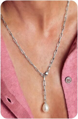 UBGICIG Lariat Long Necklaces for Women, Dainty Y-Shaped Paperclip Pearl Heart Pendant Necklace, 16K Gold Silver Plated Drop Necklaces Women's Trendy Necklace Jewelry in Saudi Arabia