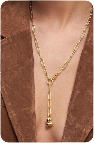 UBGICIG Lariat Long Necklaces for Women, Dainty Y-Shaped Paperclip Pearl Heart Pendant Necklace, 16K Gold Silver Plated Drop Necklaces Women's Trendy Necklace Jewelry in Saudi Arabia