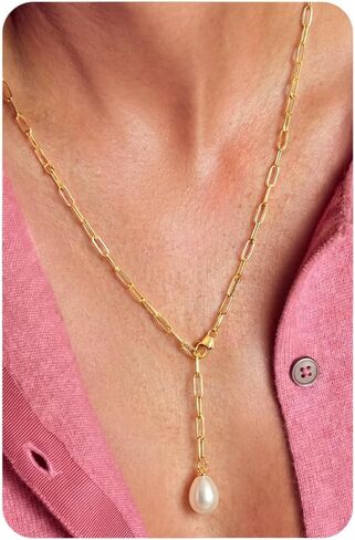 UBGICIG Lariat Long Necklaces for Women, Dainty Y-Shaped Paperclip Pearl Heart Pendant Necklace, 16K Gold Silver Plated Drop Necklaces Women's Trendy Necklace Jewelry in Saudi Arabia