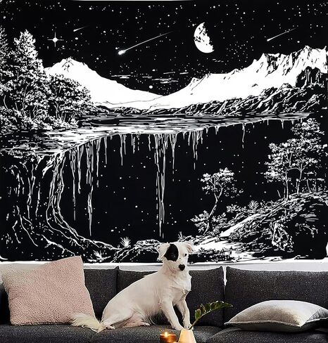 Onivein Black and White Mountain Tapestry Starry Night Tapestry Nature Scene Forest Moon Star Waterfall Tapestries Wall Hanging for Bedroom Living Room Dorm 60 x 50 Inches in Saudi Arabia