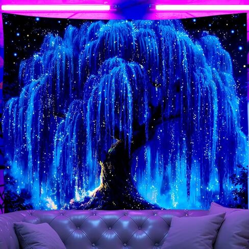 WEBEEDY Dreamy Blue Willow Blacklight Tapestry UV Reactive Galaxy Starry Night Wall Hanging Mystical Aesthetic Tree of Life Home Decor for Bedroom Dorm Wall Art Party Backdrop, 59x51 Inch in Kuwait