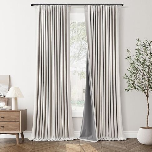 100% Blackout Curtains 96 Inches Long 2 Panels for Bedroom, Back Tab Pleated Thermal Insulated Window Drapes with Hooks, Noise Reducation Black Out Darkening Linen Curtains for Living Room, Natural in Saudi Arabia
