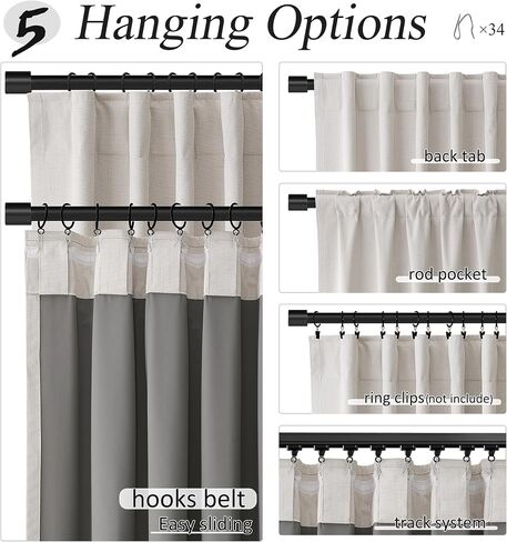 100% Blackout Curtains 96 Inches Long 2 Panels for Bedroom, Back Tab Pleated Thermal Insulated Window Drapes with Hooks, Noise Reducation Black Out Darkening Linen Curtains for Living Room, Natural in Saudi Arabia
