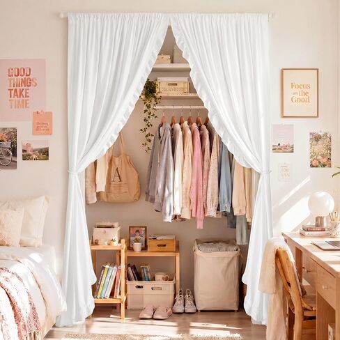 Fanfanwin 2 Pcs 78 x 80 Inch Vintage Ruffled Closet Curtain for Open Closet with Pearl Curtain Tiebacks Boho Door Curtains Without Doors White French Room Divider Drapes for Laundry Doorway Home Decor in Kuwait