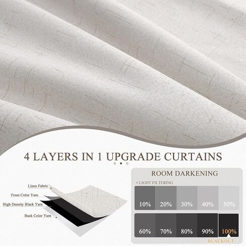 100% Blackout Curtains 96 Inches Long 2 Panels for Bedroom, Back Tab Pleated Thermal Insulated Window Drapes with Hooks, Noise Reducation Black Out Darkening Linen Curtains for Living Room, Natural in Saudi Arabia