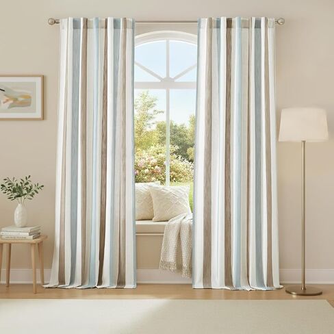 Jubilantex Linen Textured Stripe Curtains Brown and Aqua Farmhouse Striped Curtains Light Filtering Window Drapes for Bedroom Living Room,Rod Pocket Back Tab 40"X84"2 Panels in Saudi Arabia
