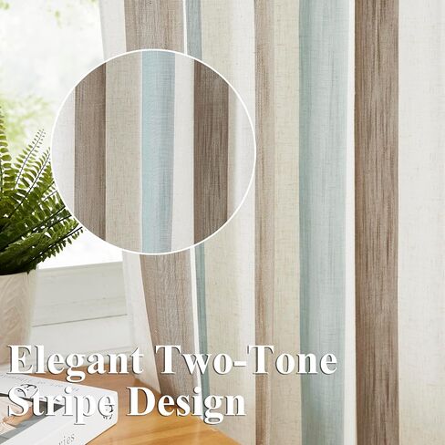 Jubilantex Linen Textured Stripe Curtains Brown and Aqua Farmhouse Striped Curtains Light Filtering Window Drapes for Bedroom Living Room,Rod Pocket Back Tab 40"X84"2 Panels in Saudi Arabia
