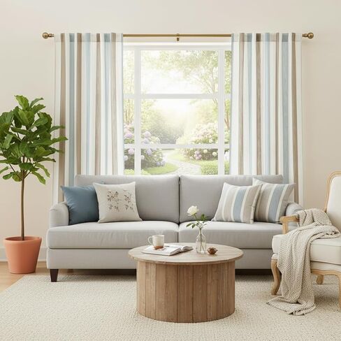 Jubilantex Linen Textured Stripe Curtains Brown and Aqua Farmhouse Striped Curtains Light Filtering Window Drapes for Bedroom Living Room,Rod Pocket Back Tab 40"X84"2 Panels in Saudi Arabia