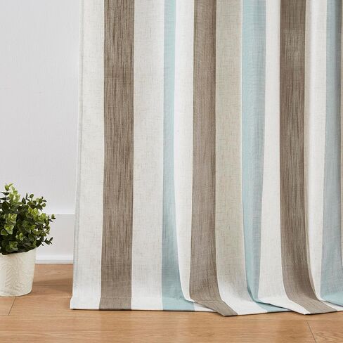Jubilantex Linen Textured Stripe Curtains Brown and Aqua Farmhouse Striped Curtains Light Filtering Window Drapes for Bedroom Living Room,Rod Pocket Back Tab 40"X84"2 Panels in Saudi Arabia