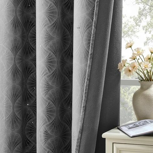 Grey Embossed Velvet Curtains 84 Inches Long 2 Panels Sprinkling Silver Flocked Curtains Glitter Rhinestone Grommet Room Darkening Noise Reduction Vintage Luxury Victorian Drapes for Bedroom, 52x84 in Saudi Arabia