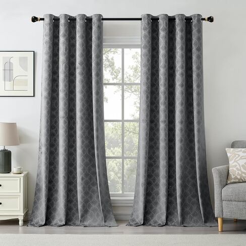 Grey Embossed Velvet Curtains 84 Inches Long 2 Panels Sprinkling Silver Flocked Curtains Glitter Rhinestone Grommet Room Darkening Noise Reduction Vintage Luxury Victorian Drapes for Bedroom, 52x84 in Saudi Arabia