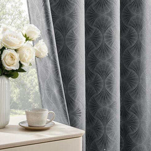 Grey Embossed Velvet Curtains 84 Inches Long 2 Panels Sprinkling Silver Flocked Curtains Glitter Rhinestone Grommet Room Darkening Noise Reduction Vintage Luxury Victorian Drapes for Bedroom, 52x84 in Saudi Arabia