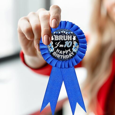 1Pcs Birthday Boy Pin, Bruh I'm 10 Tinplate Happy Birthday Ribbon Pin – 7 Inch Blue Rosette & Balloon Design for 10th Birthday Party Decor Badge Button, Award Ribbon Brooch for Kids & Teens in Saudi Arabia