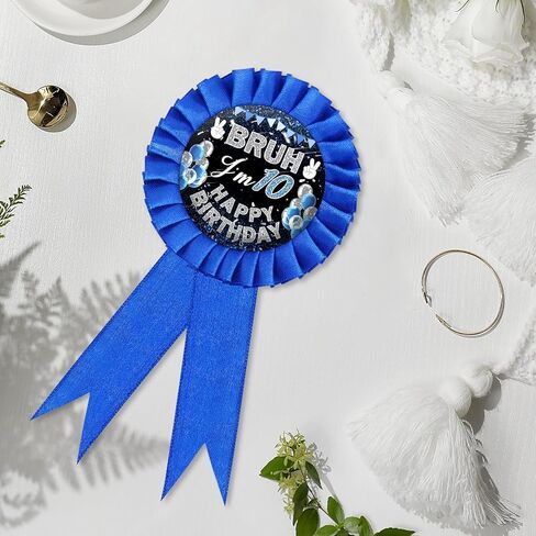 1Pcs Birthday Boy Pin, Bruh I'm 10 Tinplate Happy Birthday Ribbon Pin – 7 Inch Blue Rosette & Balloon Design for 10th Birthday Party Decor Badge Button, Award Ribbon Brooch for Kids & Teens in Saudi Arabia