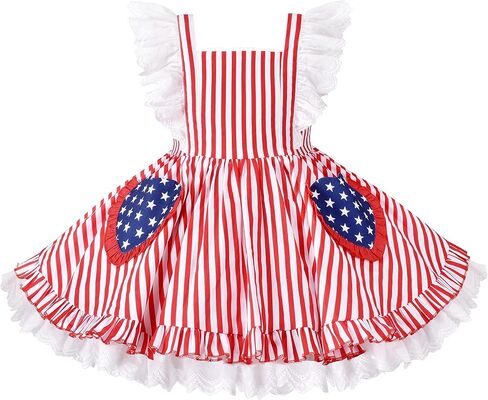 Sunny Fashion Girls Dress Flutter Sleeve Puffy Star Stripe Pocket National Day July 4th in Kuwait
