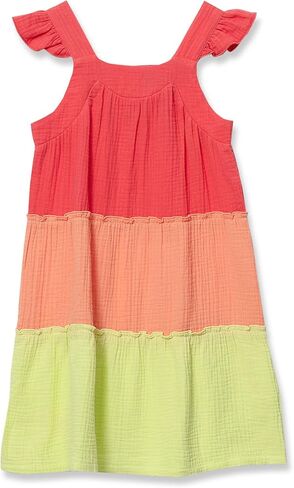 Lands' End Girls Woven Tiered Dress Large Fiery Coral Colorblock in Saudi Arabia