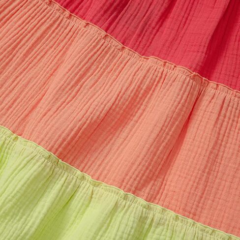 Lands' End Girls Woven Tiered Dress Large Fiery Coral Colorblock in Saudi Arabia