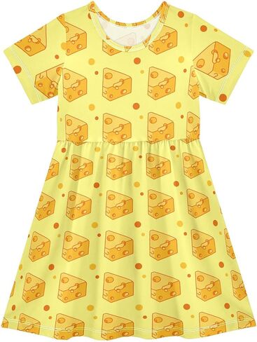 Cheese Cute Yellow Print Dress Girl Short Sleeve Casual Dress Kids Summer Sundress A-line 2-8T in Kuwait