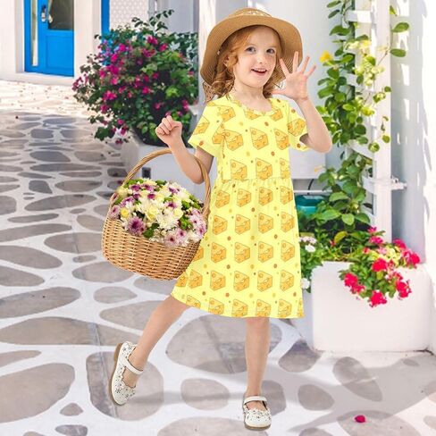 Cheese Cute Yellow Print Dress Girl Short Sleeve Casual Dress Kids Summer Sundress A-line 2-8T in Kuwait