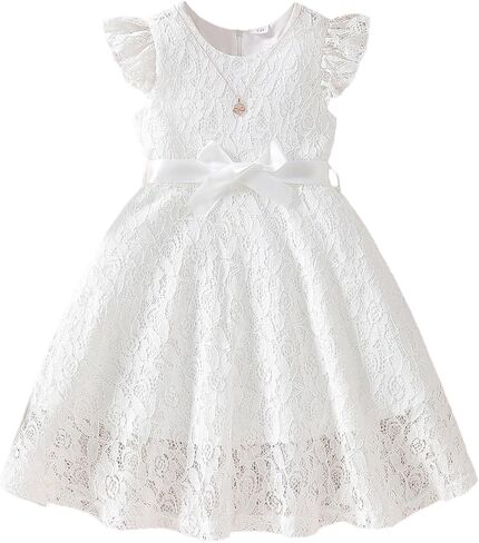 Kids Girls Dress Lace Fly Sleeve Round Neck Casual Dress Toddler Fashion Summer Dress with Belt in Kuwait