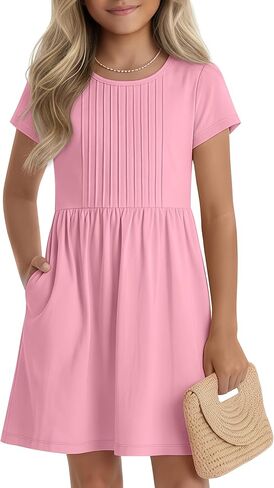 Girls Dress Kids Summer Pleated A Line Casual Short Sleeve Crewneck Basic Boho Dress with Pockets for Teen 5-14 Y in Kuwait