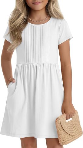 Girls Dress Kids Summer Pleated A Line Casual Short Sleeve Crewneck Basic Boho Dress with Pockets for Teen 5-14 Y in Saudi Arabia
