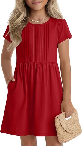Girls Dress Kids Summer Pleated A Line Casual Short Sleeve Crewneck Basic Boho Dress with Pockets for Teen 5-14 Y in Saudi Arabia