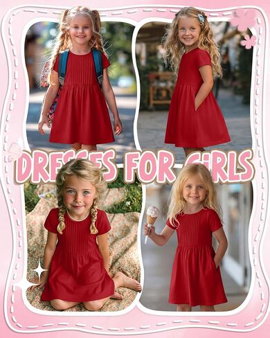 Girls Dress Kids Summer Pleated A Line Casual Short Sleeve Crewneck Basic Boho Dress with Pockets for Teen 5-14 Y in Saudi Arabia
