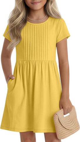 Girls Dress Kids Summer Pleated A Line Casual Short Sleeve Crewneck Basic Boho Dress with Pockets for Teen 5-14 Y in Saudi Arabia