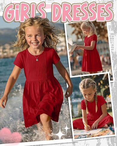 Girls Dress Kids Summer Pleated A Line Casual Short Sleeve Crewneck Basic Boho Dress with Pockets for Teen 5-14 Y in Saudi Arabia