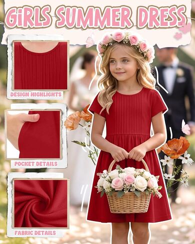Girls Dress Kids Summer Pleated A Line Casual Short Sleeve Crewneck Basic Boho Dress with Pockets for Teen 5-14 Y in Saudi Arabia