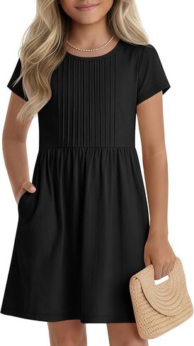 Girls Dress Kids Summer Pleated A Line Casual Short Sleeve Crewneck Basic Boho Dress with Pockets for Teen 5-14 Y in Saudi Arabia