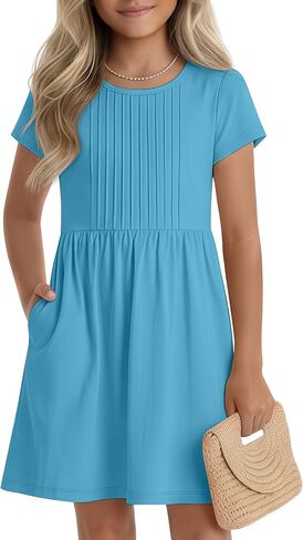 Girls Dress Kids Summer Pleated A Line Casual Short Sleeve Crewneck Basic Boho Dress with Pockets for Teen 5-14 Y in Saudi Arabia