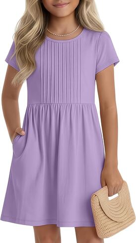 Girls Dress Kids Summer Pleated A Line Casual Short Sleeve Crewneck Basic Boho Dress with Pockets for Teen 5-14 Y in Saudi Arabia