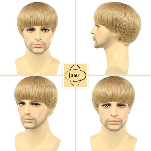 Blonde Mushroom Wig for Men Short Bowl Cut Wigs for Halloween Party Hilarious Funny Blond Bob Wigs with Bangs for Man Costume Cosplay (Blonde) in Saudi Arabia