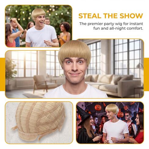 Blonde Mushroom Wig for Men Short Bowl Cut Wigs for Halloween Party Hilarious Funny Blond Bob Wigs with Bangs for Man Costume Cosplay (Blonde) in Saudi Arabia