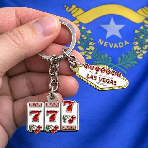 Westmon Works Las Vegas Nevada Keychain Metal Key Ring عطلة تذكارية مع علامة ترحيب وفتحة آلة ثلاثية 7 سحر in Kuwait