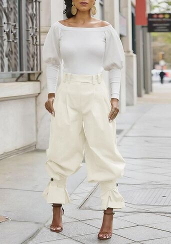 Famnbro Womens Wide Leg Dress Pants High Waist Ruffle Barrel Slacks Harem Balloon Casual Work Business Cropped Trousers in Saudi Arabia